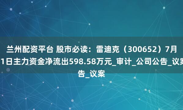 兰州配资平台 股市必读：雷迪克（300652）7月31日主力资金净流出598.58万元_审计_公司公告_议案